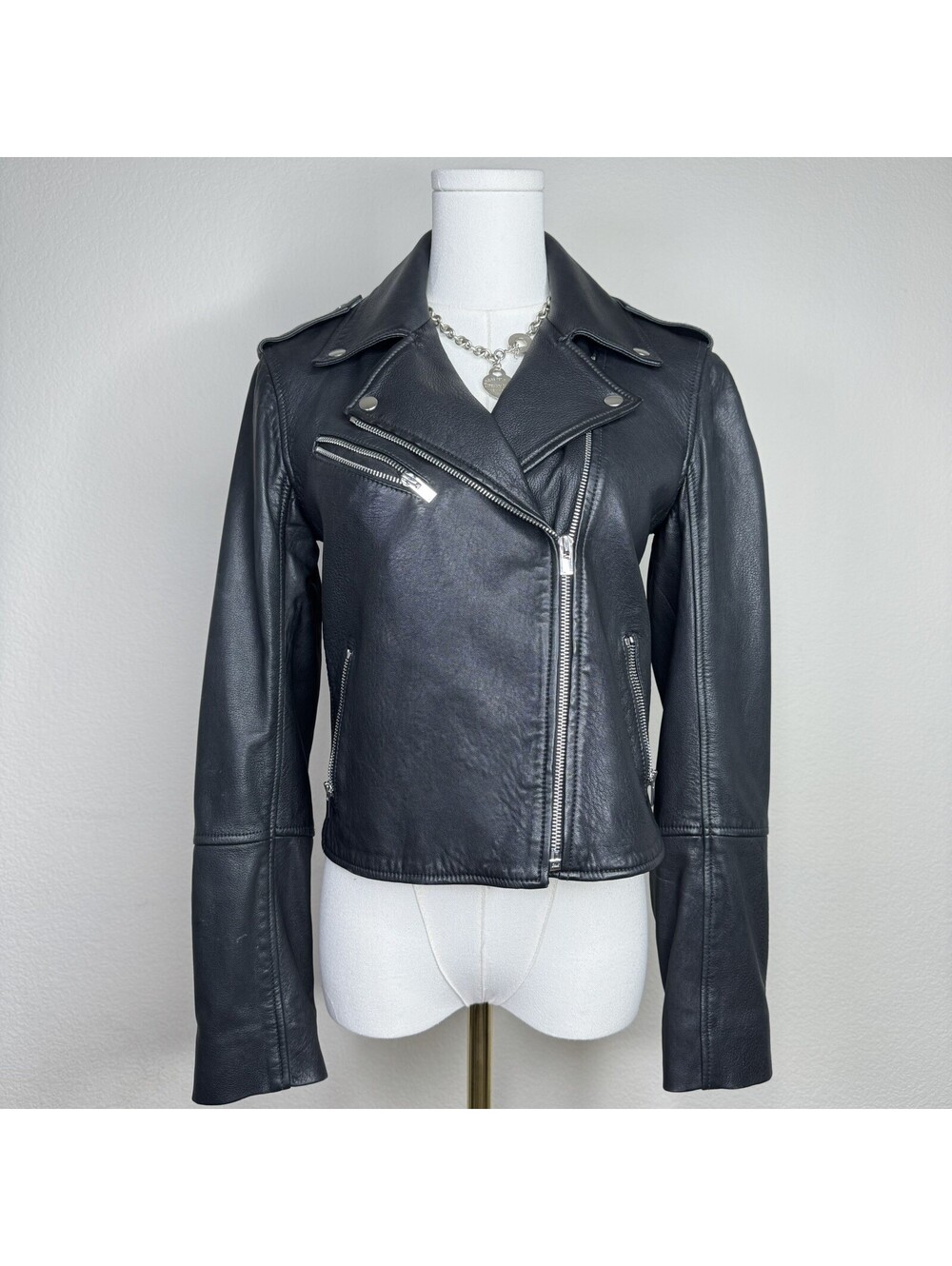 Club Monaco Leather Jacket Black Crop Moto Biker Lamb Skin Womens Small